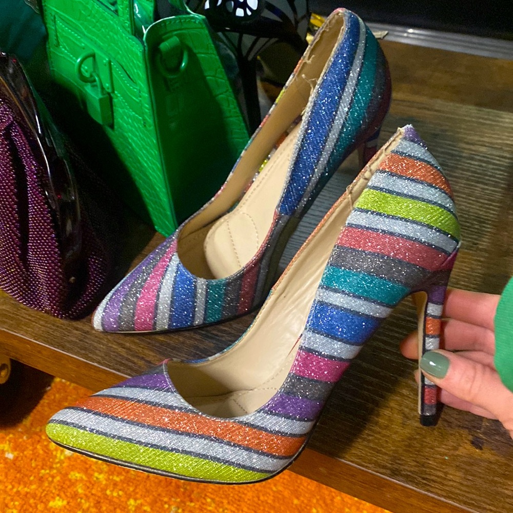 Anne Michelle Rainbow Glitter Striped Pointed Toe Heels